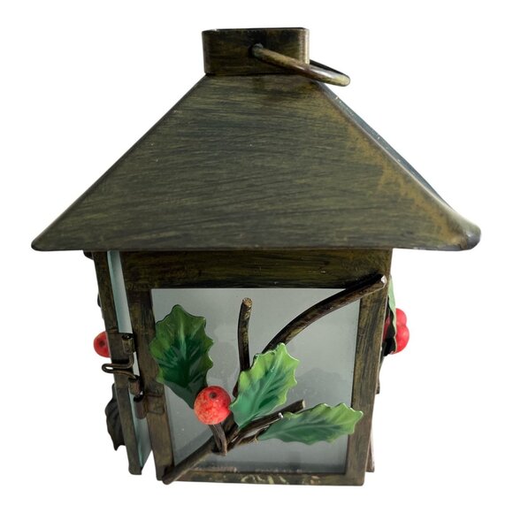Vintage Holiday Lantern with Holly & Berry Accents – Metal & Frosted Glass - Picture 3 of 6